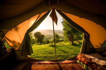 View from inside of hikers tourist tent in mountains in the morning. Generative AIの素材
