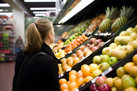 Back portrait of a young woman doing shopping at fruits and vegetables department of supermarket. Generative AIの素材
