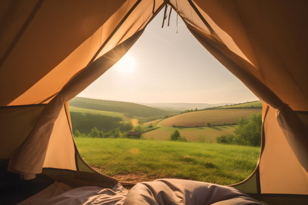 View from inside of hikers tourist tent in mountains in the morning. Generative AIの素材