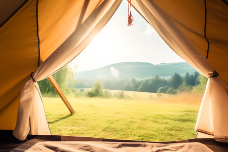 View from inside of hikers tourist tent in mountains in the morning. Generative AIの素材