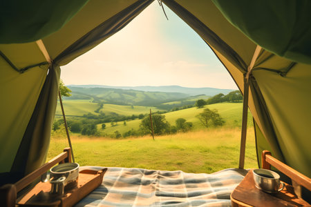 View from inside of hikers tourist tent in mountains in the morning. Generative AIの素材