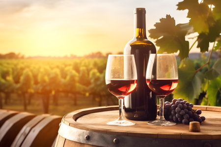 Two glasses of red wine with ripe grapes and wine bottle on wooden oak wine barrel in vineyard, against sunset. Generative AIの素材