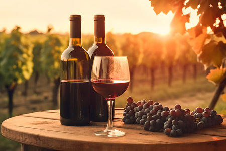 Glass of red wine with ripe grapes and wine bottle on wooden oak wine barrel in vineyard, against sunset. Generative AIの素材