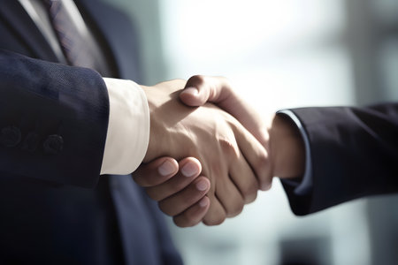 Close up of two businessman shaking hands for business partnership. Generative AIの素材