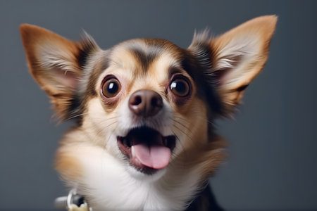 Close up portrait of surprised and amazed dog with big eyes and open mouth on isolated black background, front view. Generative AIの素材