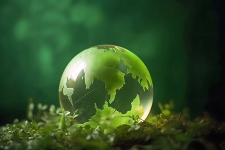 Miniature glass globe on spring green grass, Generative AIの素材