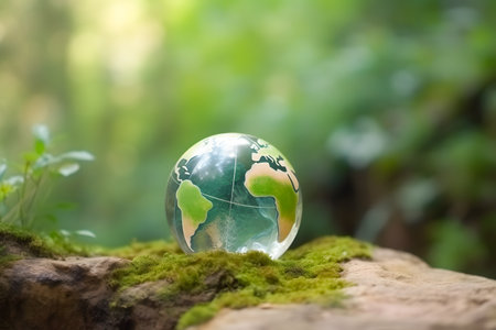 Miniature glass globe on spring green grass, Generative AIの素材