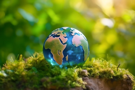 Miniature glass globe on spring green grass, Generative AIの素材