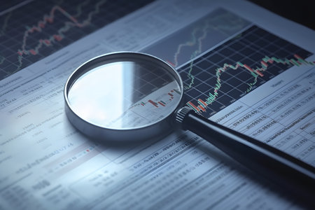 Magnifying glass search of investing and stock market or stock market analysis and finance data concept. Generative AIの素材