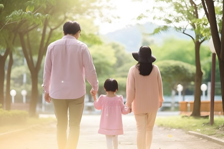 Rear portrait of happy family relaxing and enjoying in park during weekend. Generative AIの素材
