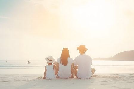 Rear portrait of happy family relaxing and enjoying at beach during weekend. Generative AIの素材