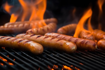 Juicy tasty sausages on the grill with fire flames and smoke. Generative AIの素材