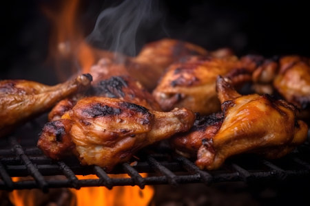 Juicy tasty chicken legs and wings on the grill with fire flames and smoke. Generative AIの素材