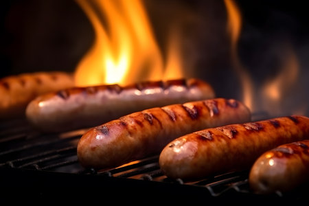 Juicy tasty sausages on the grill with fire flames and smoke. Generative AIの素材