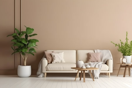 Interior design of stylish living room with modern neutral beige sofa, indoor plants, coffee tables, decoration and elegant personal accessories in home decor. Generative AIの素材