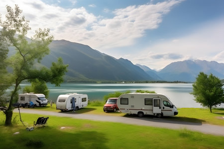RV caravan camper at the peaceful lake with mountains on the horizon, summer camping vacation concept. Generative AI.の素材