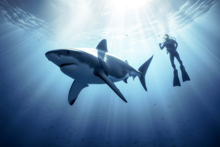 Scuba diver underwater with large shark, Generative AIの素材