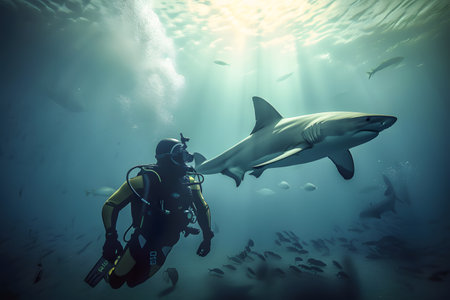Scuba diver underwater with large shark and many other fishes, Generative AIの素材