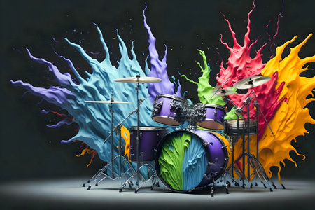 Illustration of a colorful drum set with paint splattered on it. Generative AIの素材