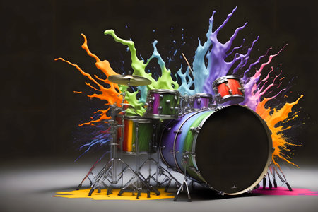 Illustration of a colorful drum set with paint splattered on it. Generative AIの素材