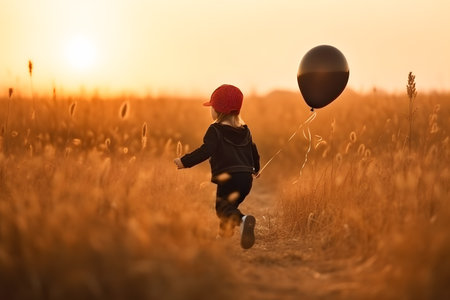 Little boy holding a balloon against sunset sky in wide meadow field for kid dream concept. Generative AIの素材