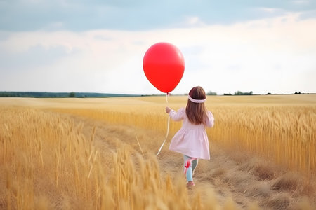 Back portrait of little girl holding a balloon against sunset sky in wide meadow field for kid dream concept. Generative AIの素材