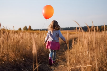 Back portrait of little girl holding a balloon against sunset sky in wide meadow field for kid dream concept. Generative AIの素材