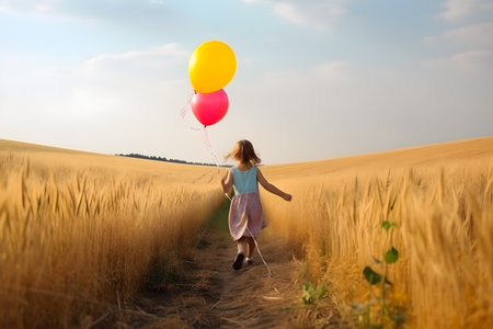 Back portrait of little girl holding a balloon against sunset sky in wide meadow field for kid dream concept. Generative AIの素材