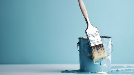 Large can of light blue paint and complimentary brush for wall painting isolated on plain background, Generative AIの素材