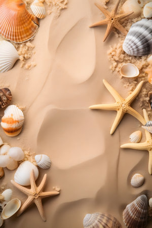 Variety of seashells on sand at beach, Generative AIの素材