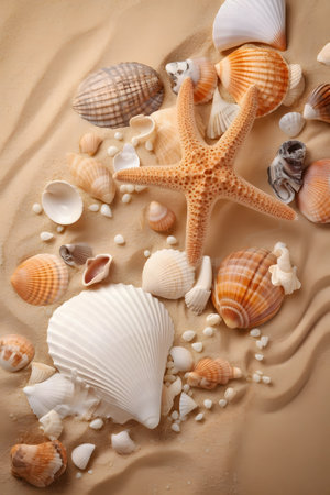 Variety of seashells on sand at beach, Generative AIの素材