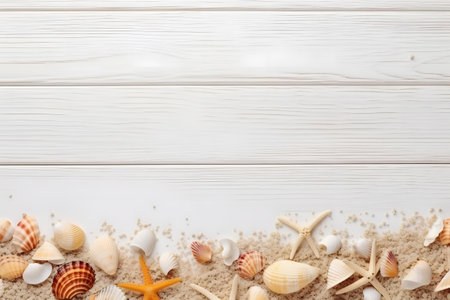 Variety of seashells isolated on wooden background, Generative AIの素材
