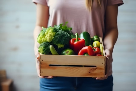 Young woman holding tray of fresh vegetables from grocery store, Generative AIの素材