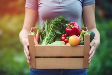 Young woman holding tray of fresh vegetables from grocery store, Generative AIの素材