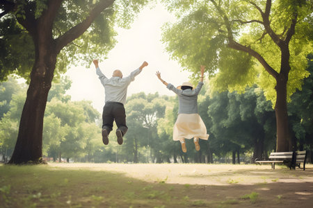 Back view of happy active senior retired couple having fun jumping and dancing in outdoors park. Generative AIの素材