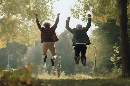 Back view of happy active senior retired couple having fun jumping and dancing in outdoors park. Generative AIの素材
