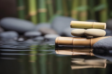 Spa still life with bamboo and zen stones with water surface for calm and meditation design. Generative AIの素材