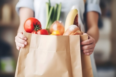Close up of a young woman holding a bag of fresh vegetables from grocery store. Generative AIの素材