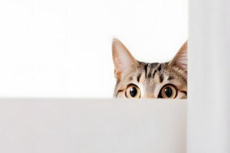 Small adorable and curious cat peeking from white walls, Generative AIの素材