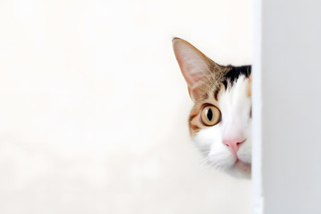 Small adorable and curious cat peeking from white walls, Generative AIの素材