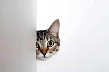 Small adorable and curious cat peeking from white walls, Generative AIの素材