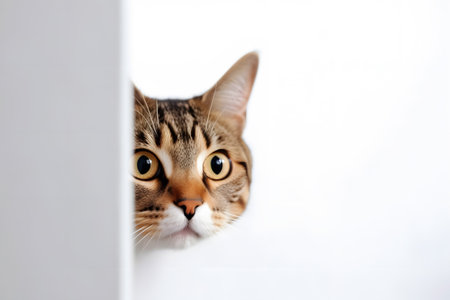 Small adorable and curious cat peeking from white walls, Generative AIの素材