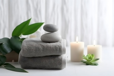 Spa still life with aromatic candles, zen stones, plants and towel for mental wellness and meditation design. Generative AIの素材