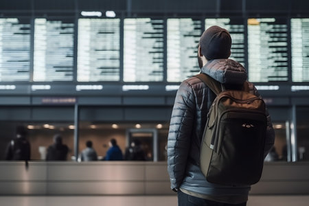 Tourist man carry a backpack looking at flight schedules for checking take off time. Single man travel or backpacker theme. Back view portrait. AI generativeの素材
