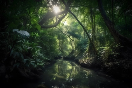Deep tropical jungles of Southeast Asia with sunray, morning light. Generative AIの素材