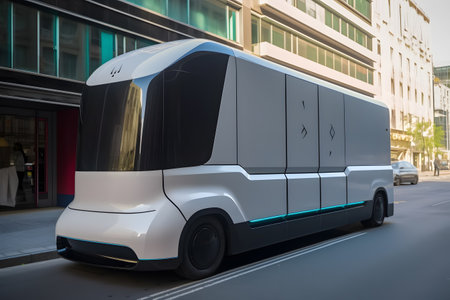 Futuristic autonomous self driving white colored bus traveling on road, Generative AIの素材