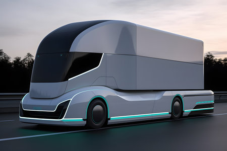 Futuristic autonomous self driving white colored truck traveling on road, Generative AIの素材