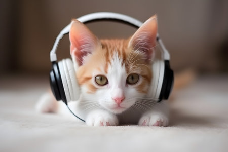 Small cute kitten wearing headphones and listening to music on the ground, Generative AIの素材