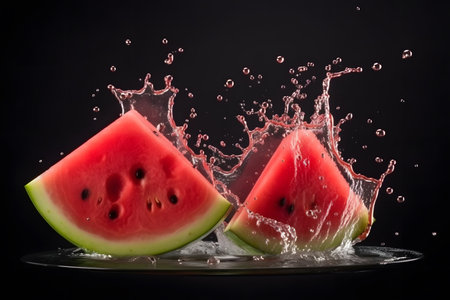 Fresh sliced watermelon pieces splashed in water, Generative AIの素材
