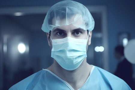 Portrait of professonial young male surgeon wearing face mask, blue gown and cap, Generative AIの素材